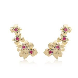 Brinco Ear Cuff Rosa Cravejado Acetinado em banho de Ouro 18K