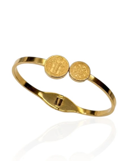 Bracelete Duplo Medalha de são Bento em aço inox